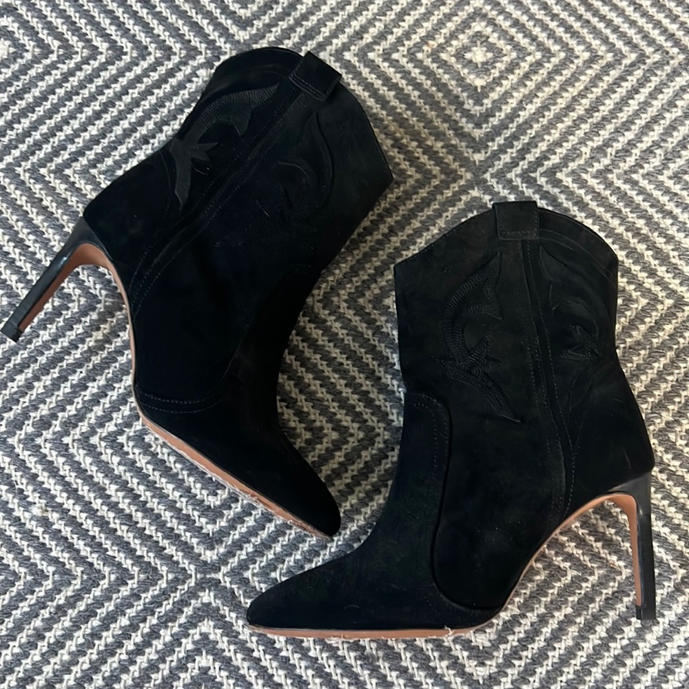 BA&SH western booties, black suede. Size 37, worn once, 3” heel